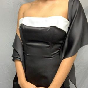 Black (with white top), strapless gown